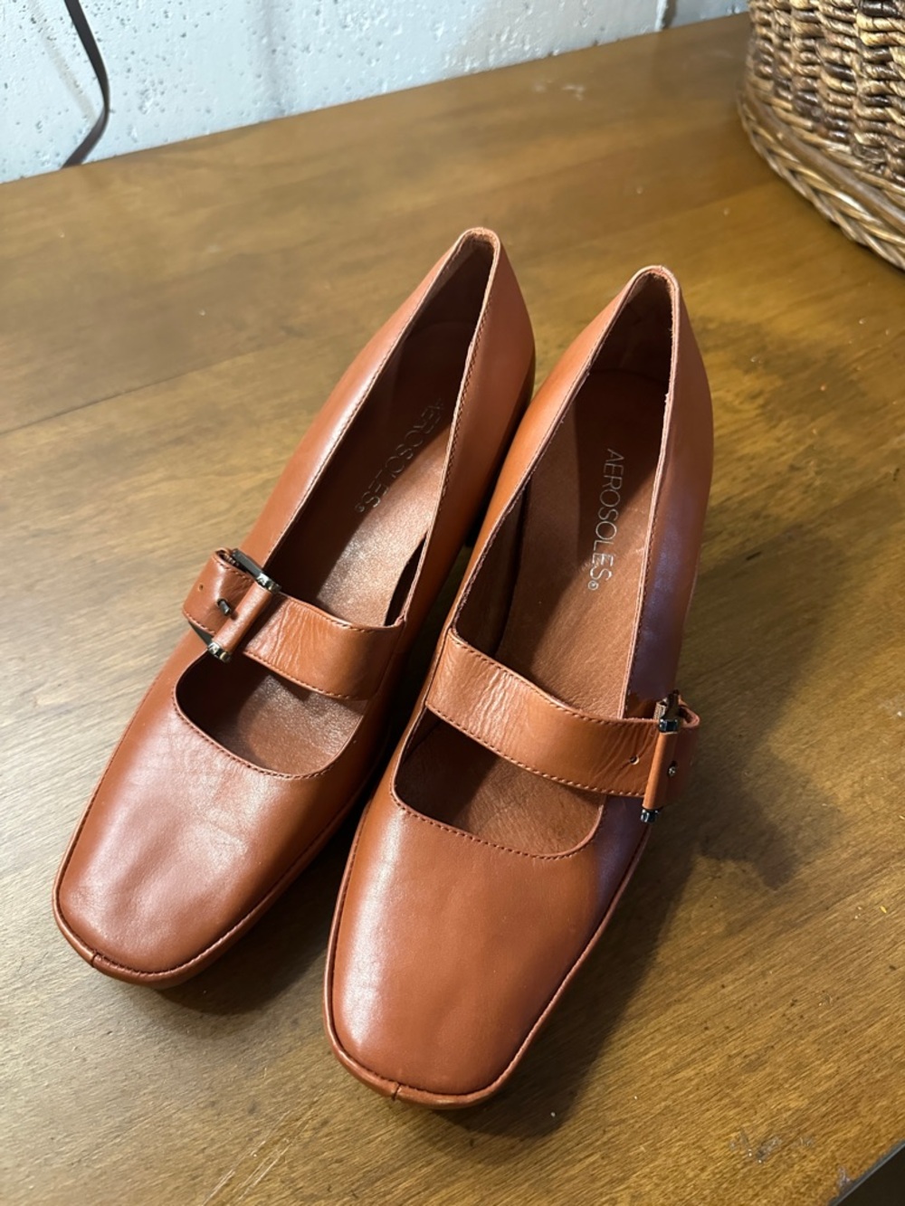 AEROSOLES Women's Cognac Leather Mary Jane Flats